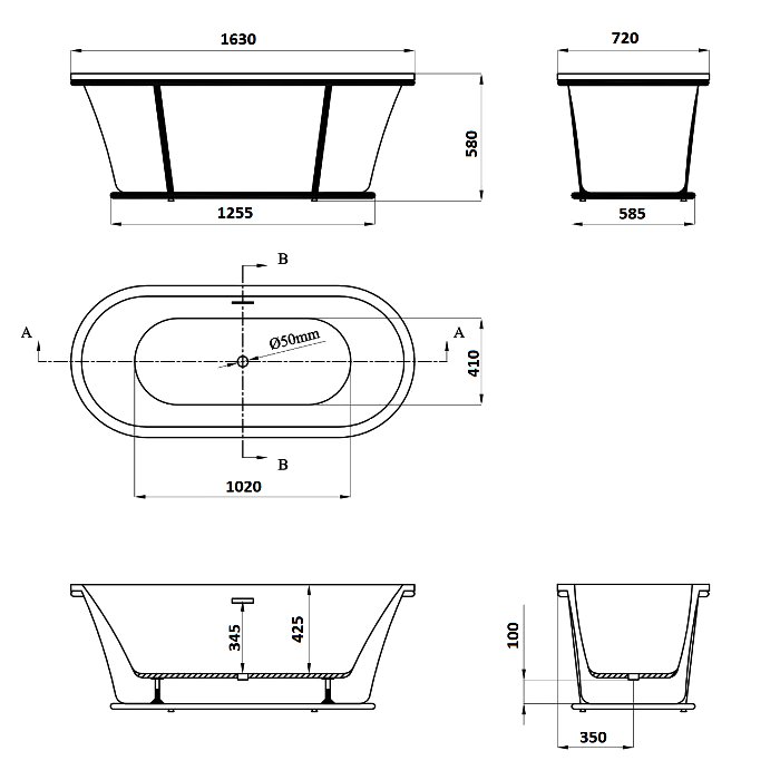 Freestanding Double Ended Bath 1630 x 720mm Flobali Amsterdam