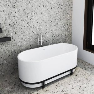 Oval Freestanding Bath White Mat with Black Metal Frame 160x75 Kingdom