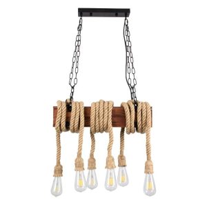 Traditional 6-Light Wooden Brown Beige Hanging Bar Ceiling Light with Rope and Chains 00606 globostar