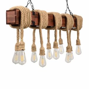 Vintage 10-Light Wooden Brown Beige Pendant Ceiling Light with Rope and Chains 00607