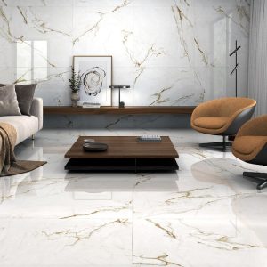 White Gold Glossy Marble Effect Wall & Floor Gres Porcelain Tile 59x119 Alba Gold Emigres
