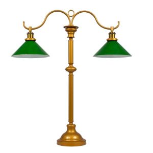 Vintage Double Arm Gold Metal Table Lamp Green Glass Shades 00766