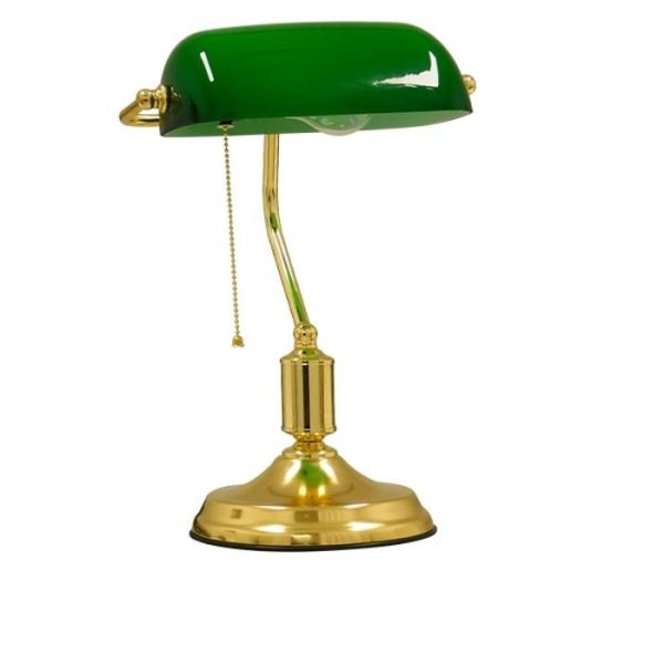 Vintage Metal Gold Green Table & Desk Lamp with Glass Banker 01391