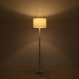Minimal 1-Light White Floor Lamp with Beige Wooden Detail & Drum Shaped Shade globostar 00826