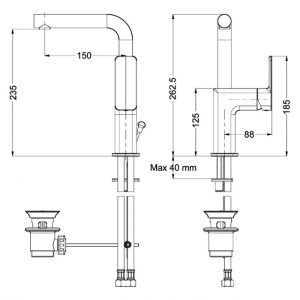 Dimensions for basin mixer tap with swivel spout 144333 Quadra Eurorama