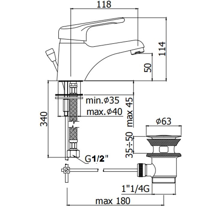 Dimensions for basin mixer tap Nettuno Paffoni NT075