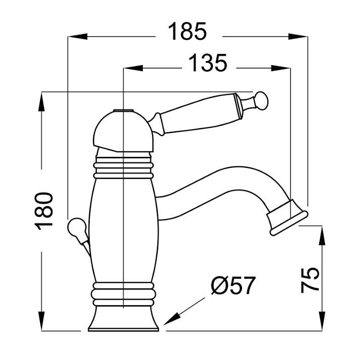 Dimensions for retro basin mixer tap 6319 Oxford Bugnatese