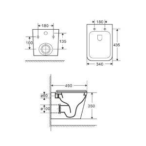 Square Rimless Short Wall Hung Toilet with Soft Close Slim Seat 34x49 LT 052E-R Karag Dimensions