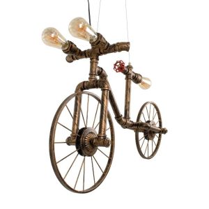 Industrial Τρίφωτο Μπρονζέ Κρεμαστό Φωτιστικό Οροφής Ποδήλατο με Υδραυλικούς Σωλήνες 00660
