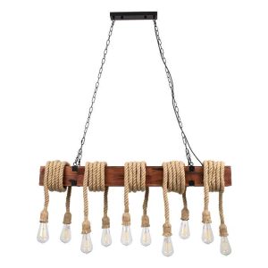 Traditional 10-Light Wooden Brown Beige Hanging Bar Ceiling Light with Rope and Chains 00607 globostar