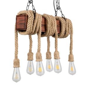 Vintage 6-Light Wooden Brown Beige Pendant Ceiling Light with Rope and Chains 00606