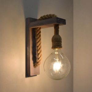 1-Light Grey Rustic Wooden Wall Lamp With Beige Rope 00879 KENSI