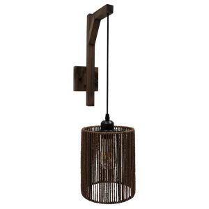 Wooden Modern Dark Brown 1-Light Wall Sconce with Drumed Rope Shade 00887 ARTI