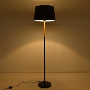 Modern Black Floor Light with Wooden Detail and Cone Shaped Shade 00827 CEDAR