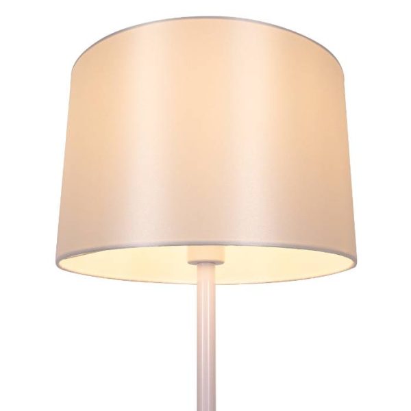 Modern 1-Light White Floor Lamp with Beige Wooden Detail & Drum Shaped Shade