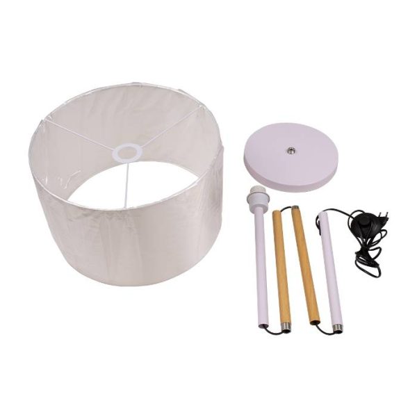 Minimal 1-Light White Floor Lamp with Beige Wooden Detail & Drum Shaped Shade Unassembled