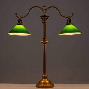 Classic 2-Light Two Arm Gold Metal Table Lamp with Green Glass Shades 00766