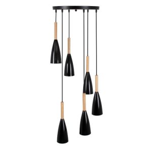 Hanging Modern Black 6-Light Pendant Ceiling Light with Beige Wood 00628 globostar