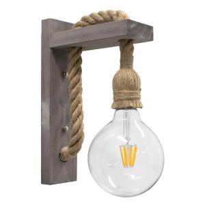 00879 KENSI Rustic 1-Light Grey Wooden Wall Lamp With Beige Rope