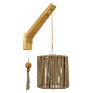 Rustic Beige Wooden 1-Light Wall Lamp with Drumed Rope Shade 00886 CASTI