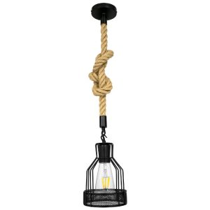 Vintage 1-Light Black Beige Metal Rope Ceiling Hanging Light with Grid 00881 globostar