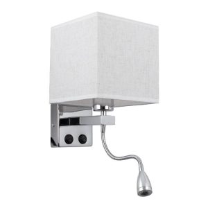 Μοντέρνο Χρωμέ Φωτιστικό Τοίχου με Υφασμάτινο Λευκό Τετράγωνο Καπέλο, Βραχίονα LED και Διακόπτες On/Off 01495