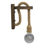 Rustic 1-Light Dark Brown Wooden Wall Lamp With Beige Rope 00883