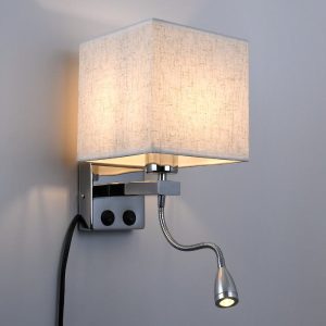 Modern Square White Fabric Shade 1-Light LED Reading Light Chrome Wall Lamp with Switches 01495