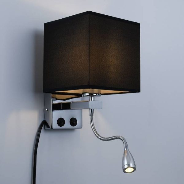Modern Square Black Fabric Shade 1-Light LED Reading Light Chrome Wall Lamp with Switches 01494