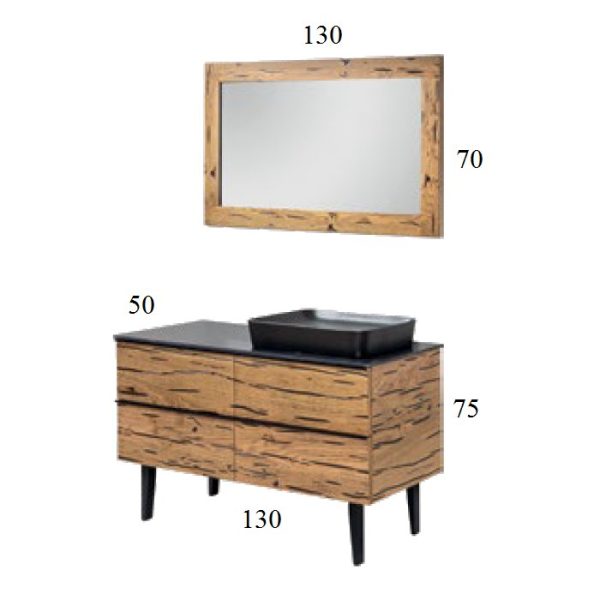 Plywood Floor Standing Bathroom Furniture with Black Corian Worktop 130x50 Natural New
