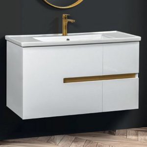Modern White Gloss MDF Wall Hung 3 Drawer Vanity Unit with Wash Basin 100x45 Four 100